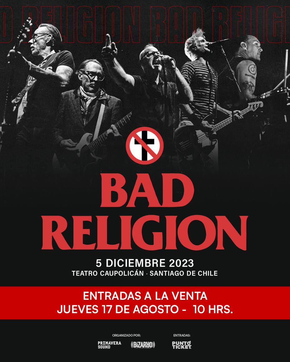 Afiche de Bad Religion en Chile 2023 - 5 de diciembre en Teatro Caupolicán.