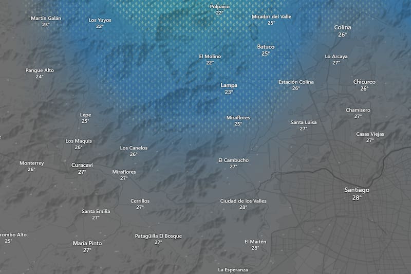 Las primeras precipitaciones caerán en la zona norte de la capital a contar de las 15:00 horas. Créditos: Windy.