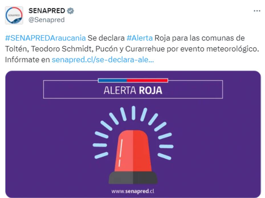 Senapred declara Alerta Roja en cuatro comunas de La Araucanía.