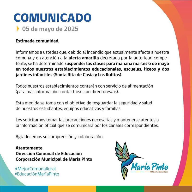 La comuna, que es la más afectada por las llamas, suspendió las clases en todos sus establecimientos educacionales.