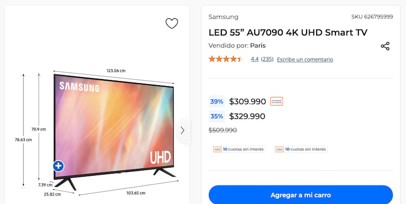 Este es el smart TV Samsung que está en oferta en Paris.