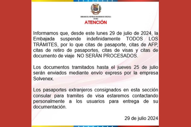 Comunicado de la Embajada de Venezuela en Chile.