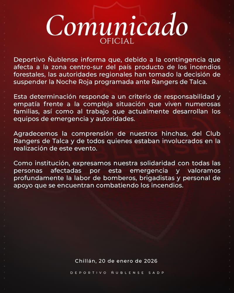 Comunicado sobre la Noche Roja. Foto: @NublenseSADP en X