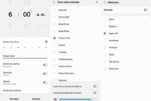 Dentro de las características del reloj, se puede personalizar tanto el tono como la vibración y el fondo de pantalla del reloj.
