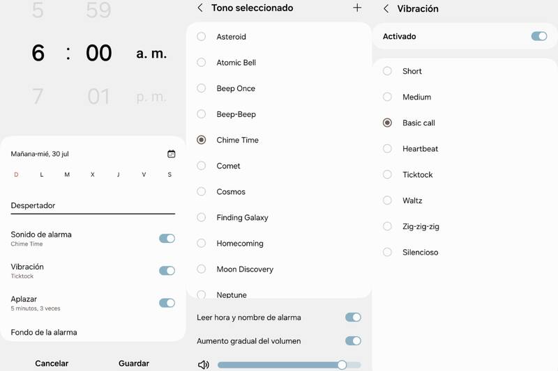 Dentro de las características del reloj, se puede personalizar tanto el tono como la vibración y el fondo de pantalla del reloj.
