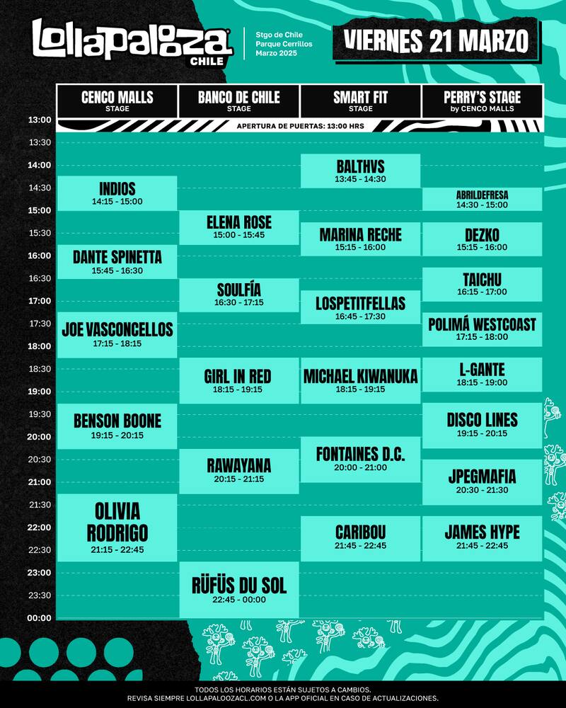 Horarios de las bandas del viernes 21 de marzo.