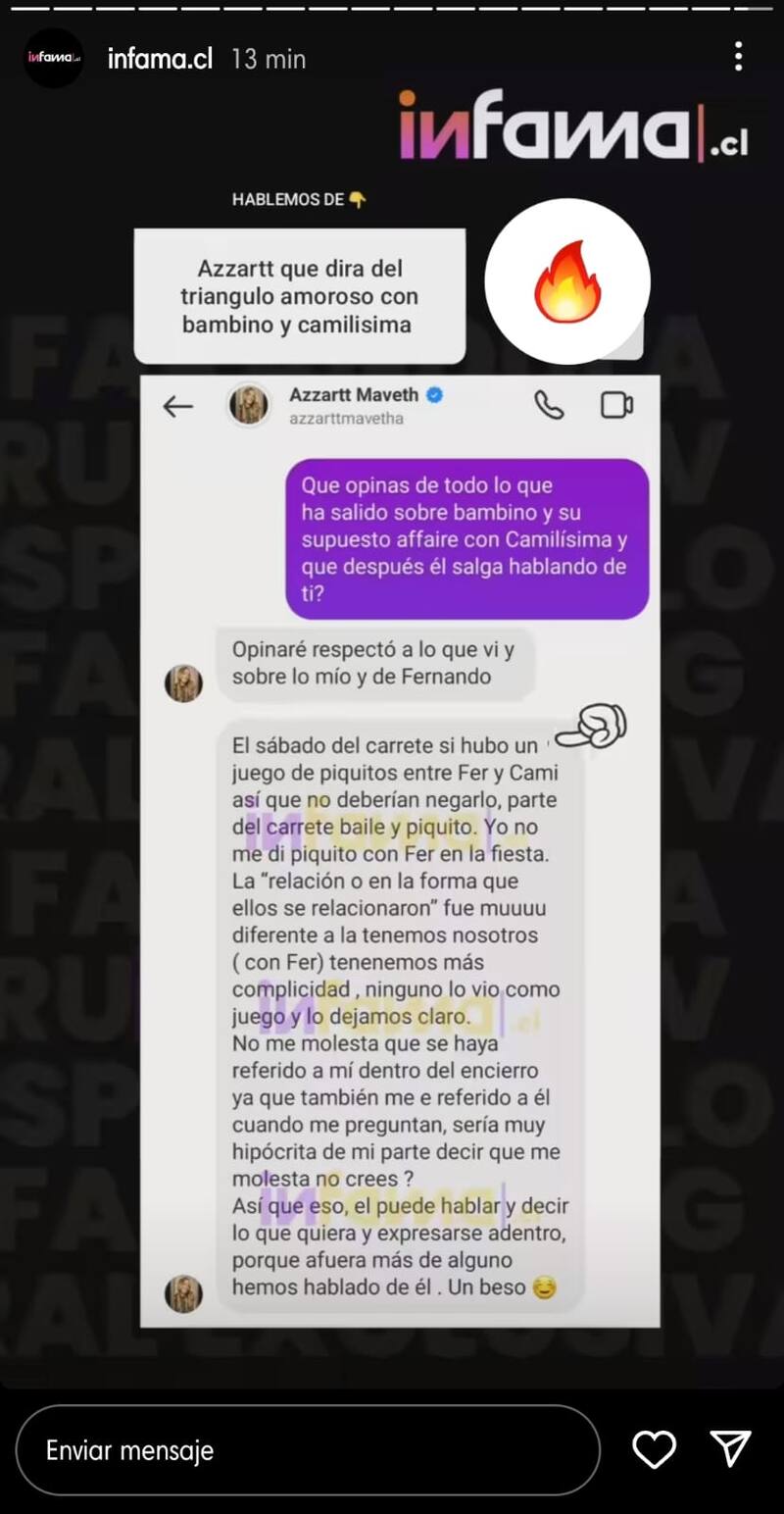 Por otra parte, la influencer Azzartt Maveth confirmó a Infama que sí hubo piquitos entre Bambino y Camilísima.