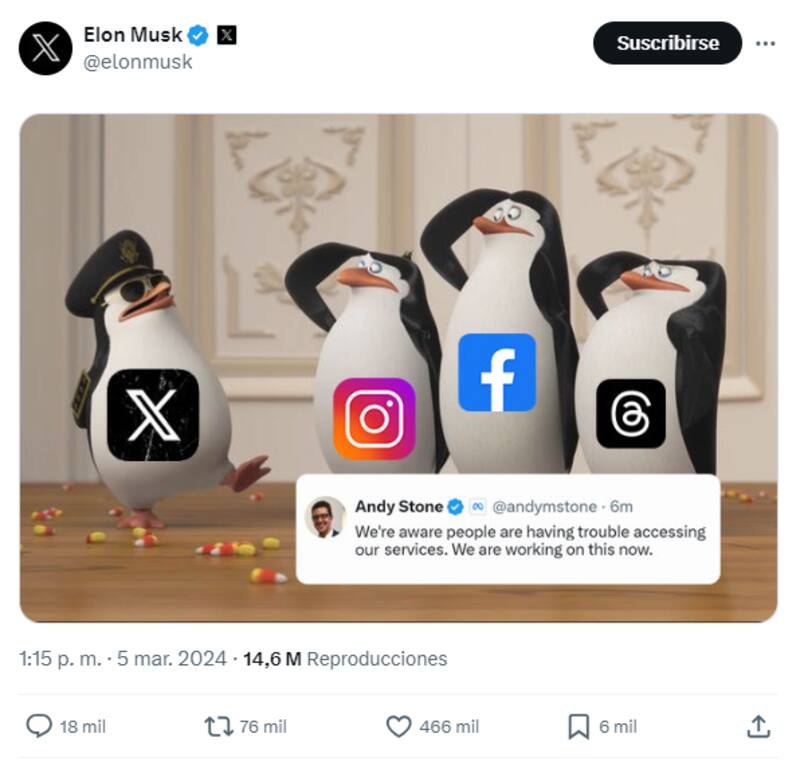 "Estamos consientes de que las personas están teniendo problemas para acceder a nuestros servicios. Estamos trabajando en eso ahora". Elon Musk en X.