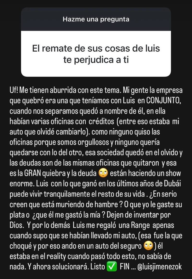 La modelo se refirió a la millonaria deuda de Luis Jiménez.