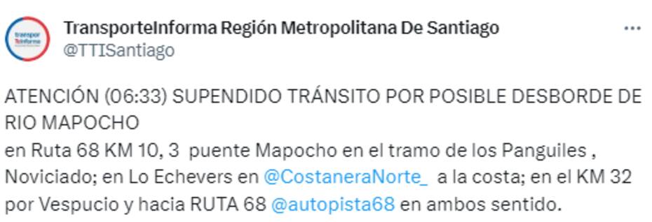 Cortan el tránsito en Ruta 68 debido a posible desborde del río Mapocho.