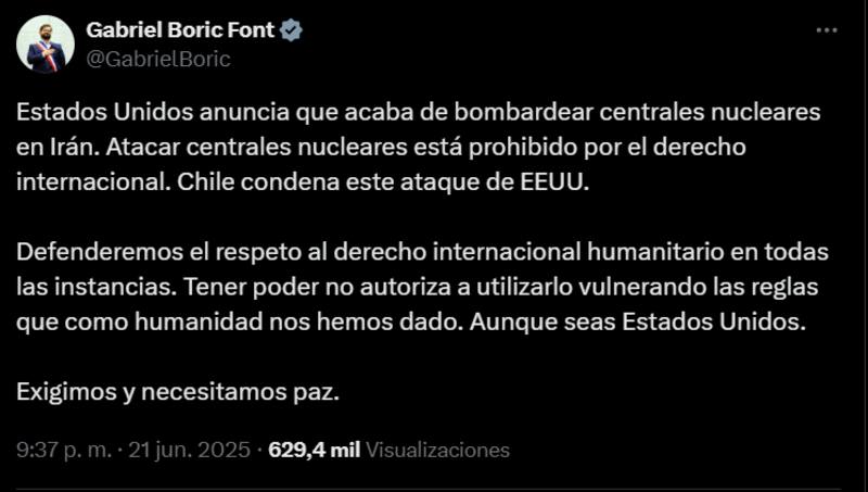 El presidente de Chile condenó enérgicamente el ataque de Estados Unidos a Irán.