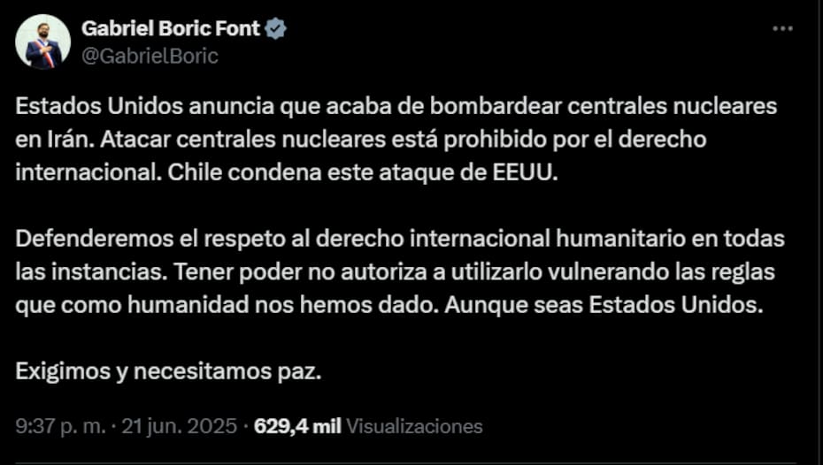El presidente de Chile condenó enérgicamente el ataque de Estados Unidos a Irán.
