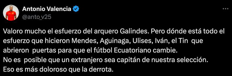 Antonio Valencia critica la capitanía de Hernán Galíndez en Ecuador.