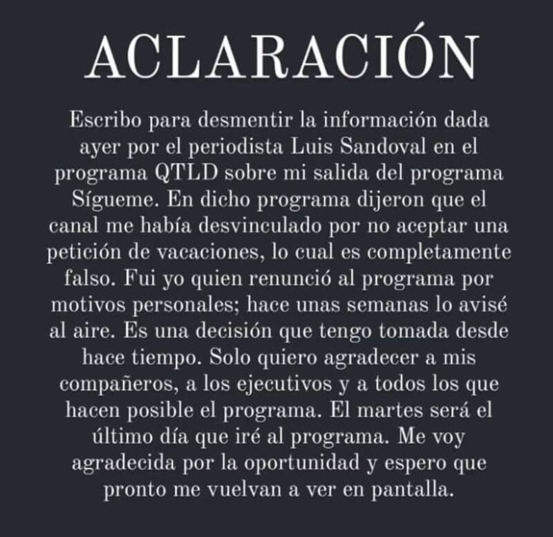 La influencer aclaró su salida de Sígueme. Créditos: Instagram