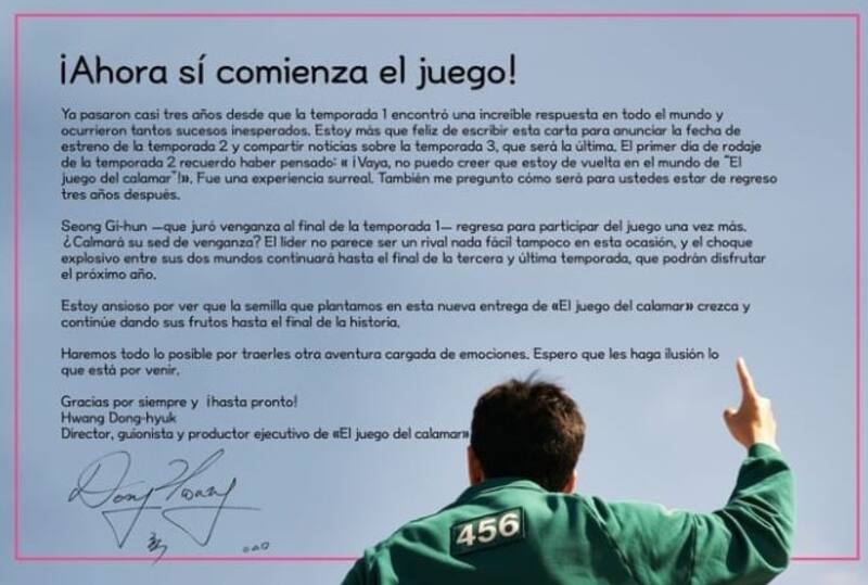 Carta abierta de Hwang Dong-hyuk. Créditos: Instagram