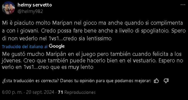 Los positivos comentarios que dejó el debut de Maripán en el Torino.