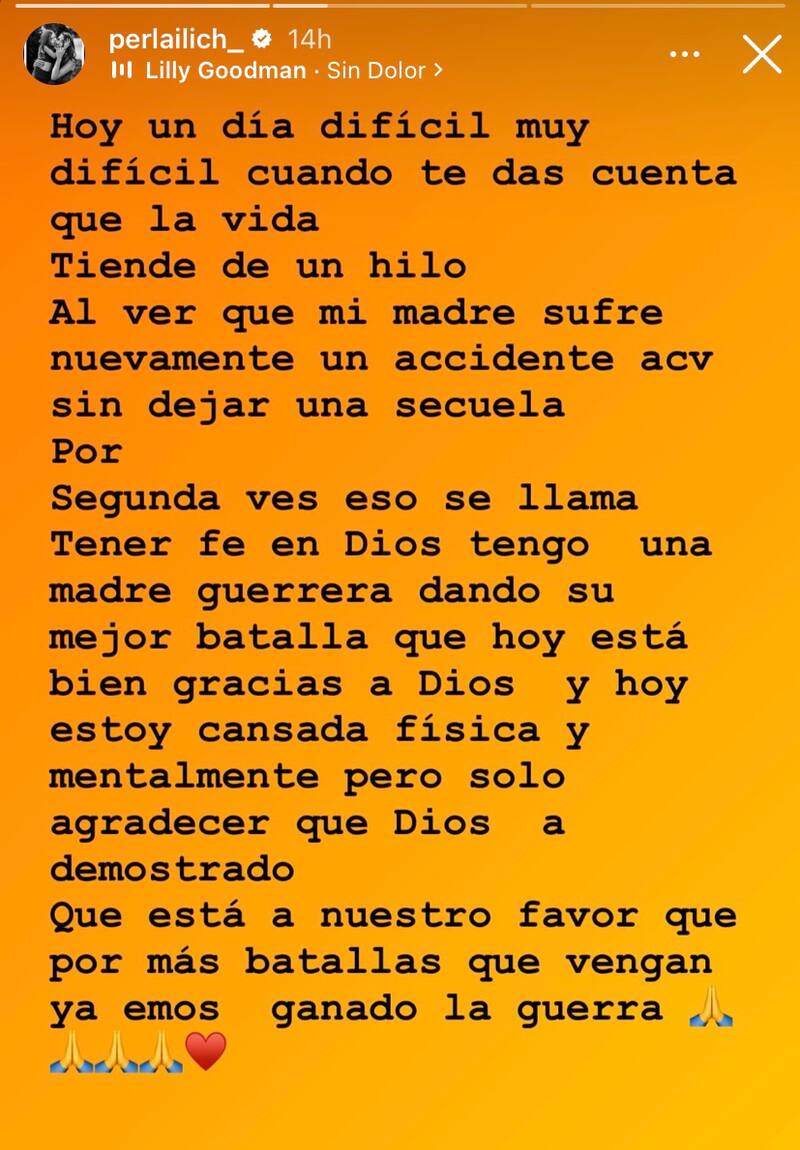 Perla Ilich reveló que su madre sufrió un ACV.