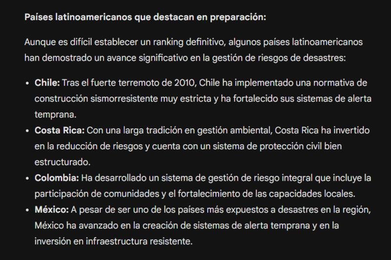 Respuesta de Gemini por los países más preparados ante un desastre natural.