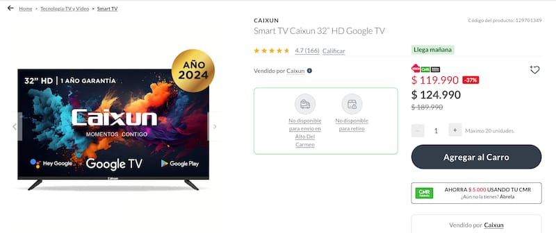 Este es el Smart TV Caixun que es vendido por Falabella.