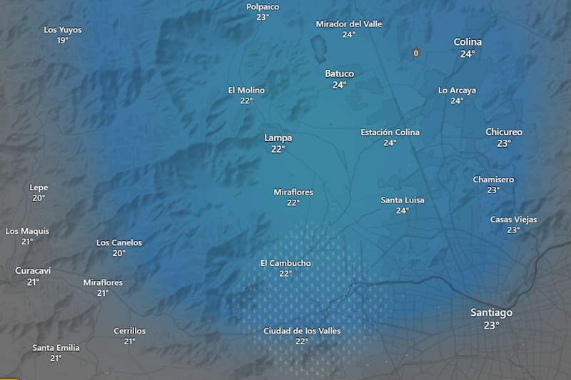 El peak de las precipitaciones comenzará a eso de las 20:00 horas de este 1 de febrero. Créditos: Windy.