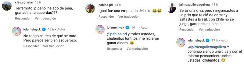 Lola Melnyck reacciona a comentarios de chilenos. Créditos: Instagram