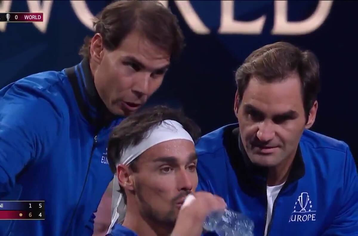 Como nunca los viste: Nadal y Federer aconsejan a Fognini en la Laver Cup