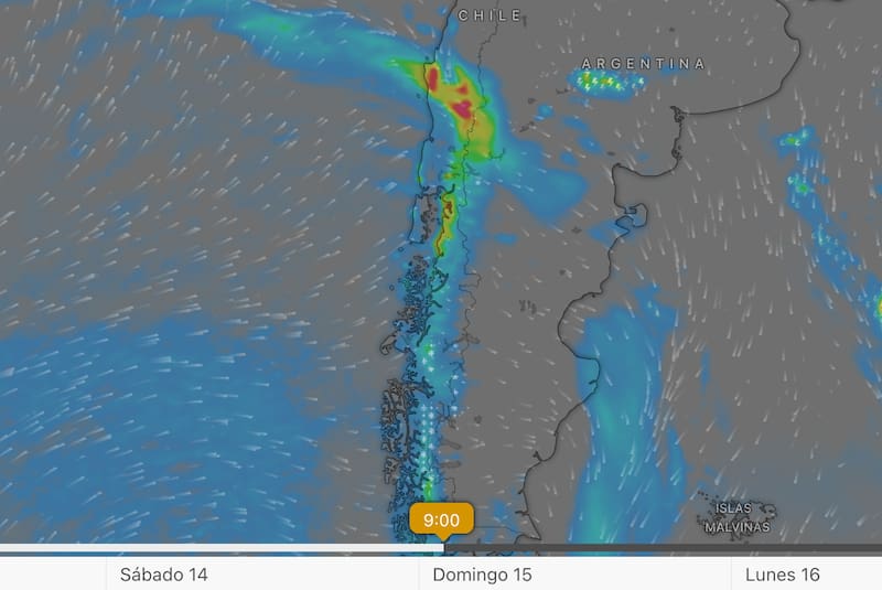 El fenómeno dejará precipitaciones en gran parte de Chile entre el sábado 14 y el próximo martes. Foto: Captura Windy.com