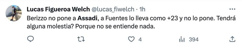 Hinchas cuestionan suplencia de Lucas Assadi.