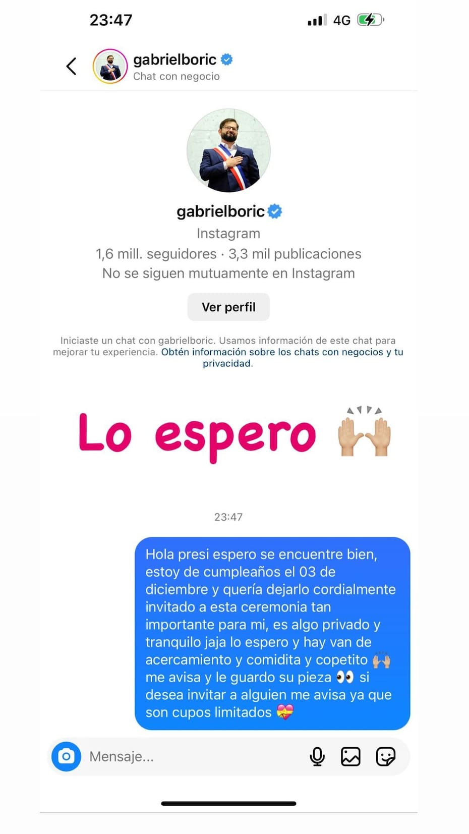Naya Fácil invita a Gabriel Boric a su cumpleaños por Instagram