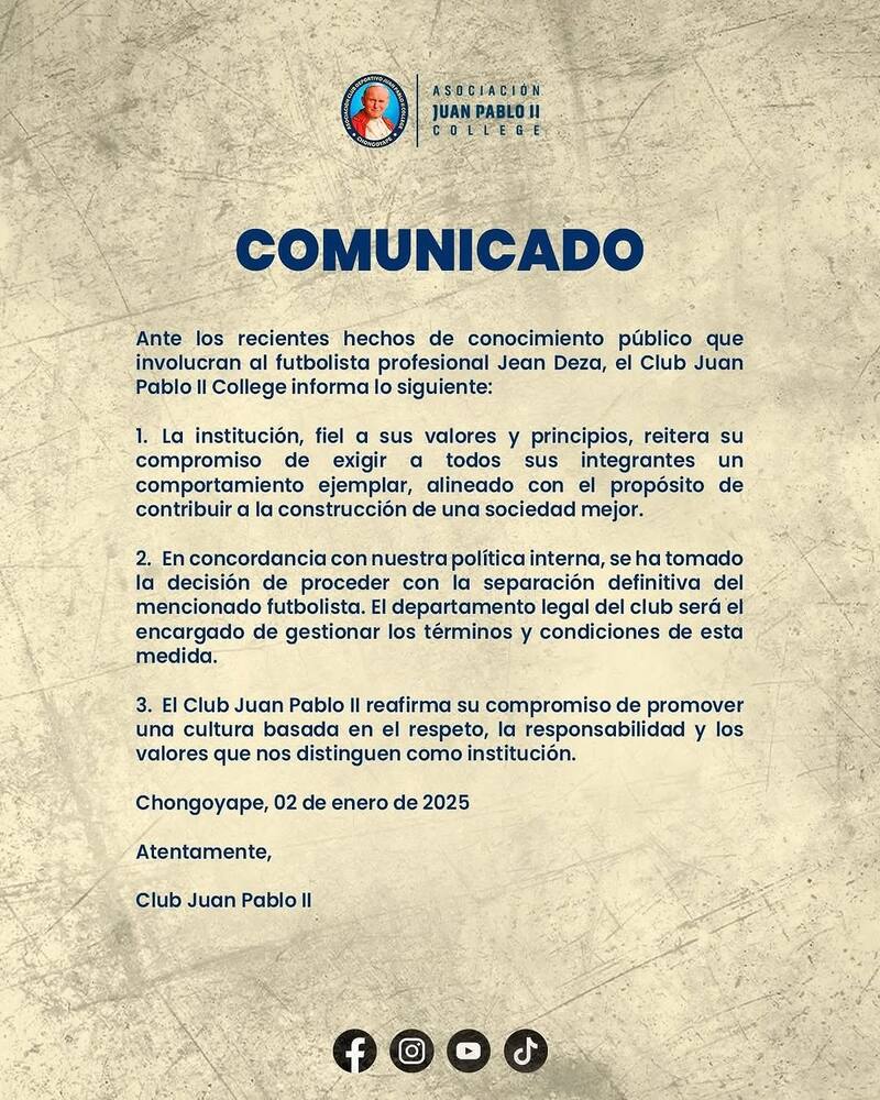 Comunicado del club por la desvinculación de Jean Deza.