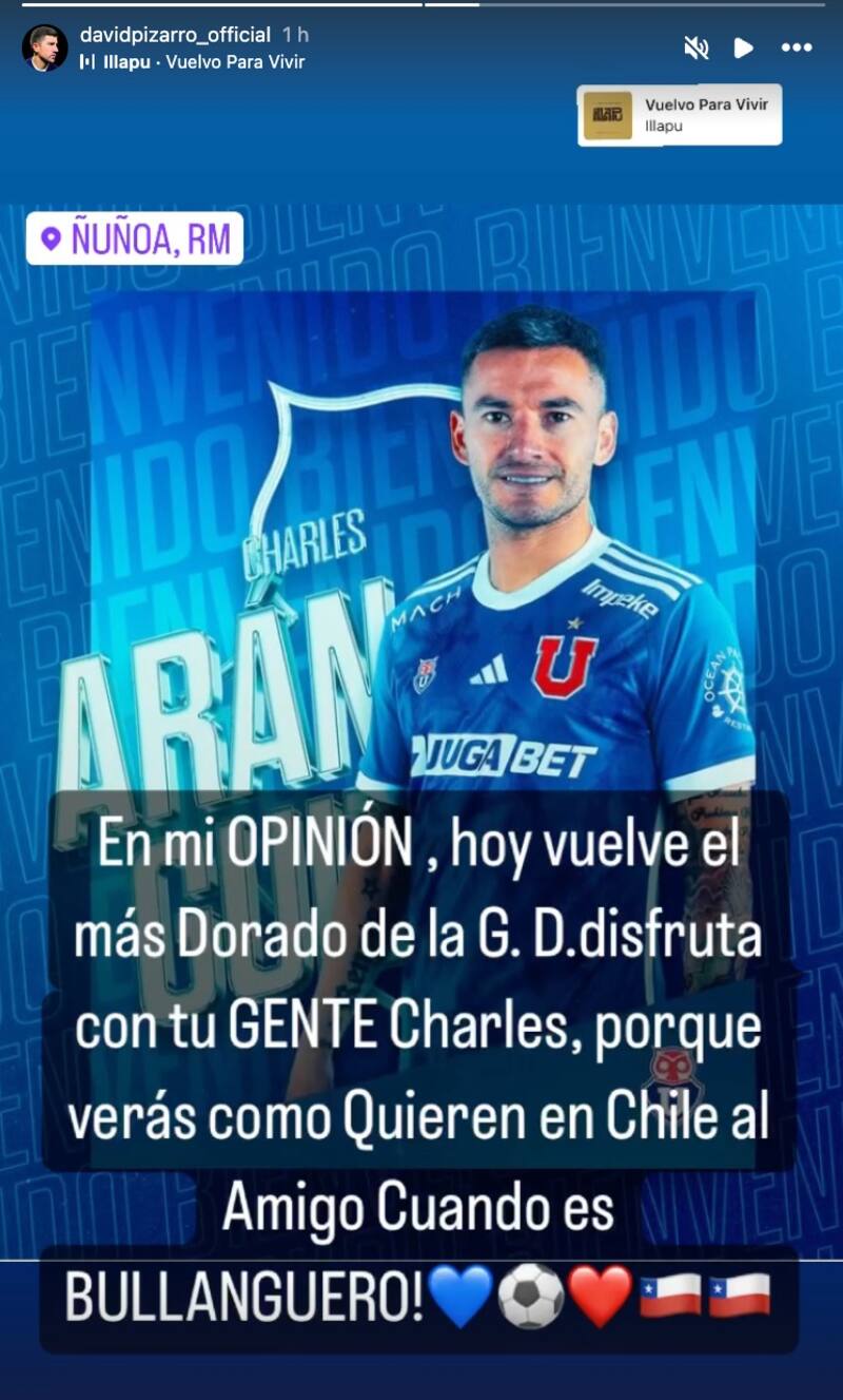 La publicación de David Pizarro elogiando a Charles Aránguiz.