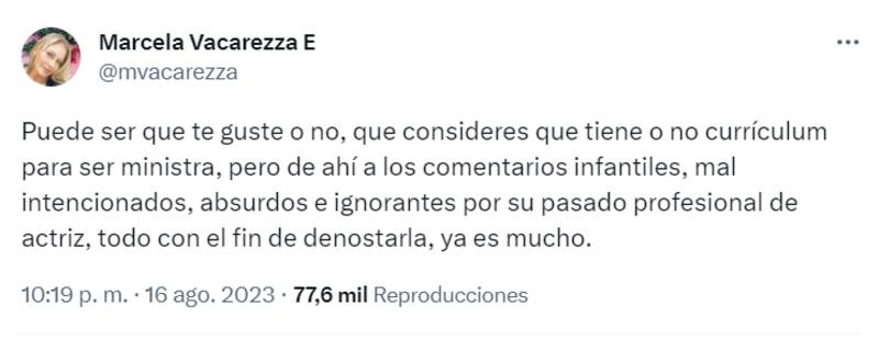 A través de redes Sociales, Marcela Vacarezza entregó su apoyo a Carolina Arredondo, ministra de las Culturas, tras difusión de sus escenas sexuales.