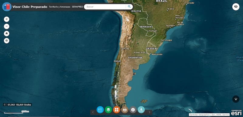 El visor de Senapred cuenta con imágenes del entorno, viabilidad y topografía. Créditos: Captura de pantalla Visor de Chile Preparado.