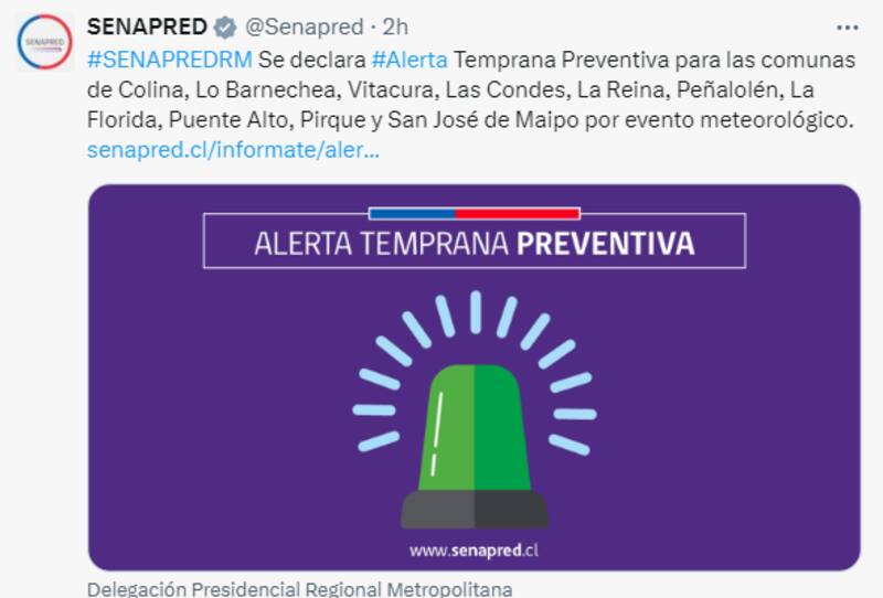 Senapred declara Alerta Preventiva en la RM por lluvia en Santiago.