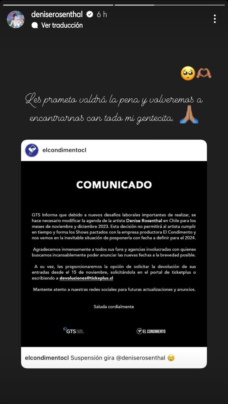 Denise Rosenthal en sus historias de Instagram.