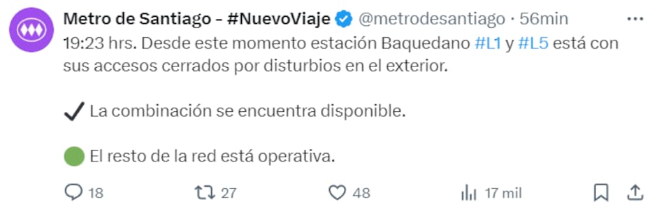 Cierre de estación Baquedano. Créditos: Captura @metrodesantiago