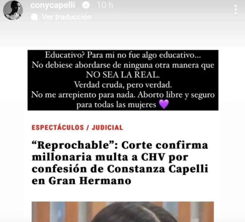 Constanza Capelli y su reacción a multa por aborto.