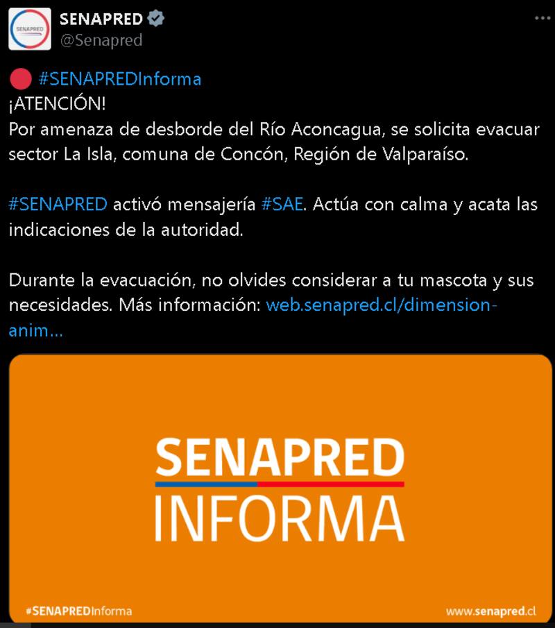 Último aviso del Senapred.