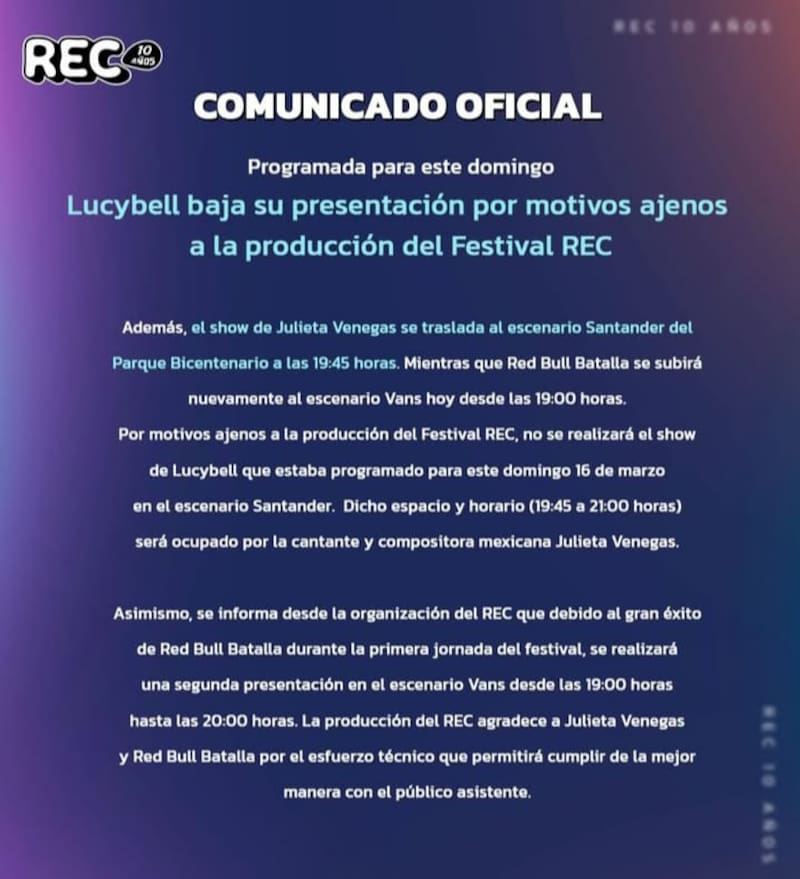no se presentará esta noche en el Festival REC. Créditos: Instagram