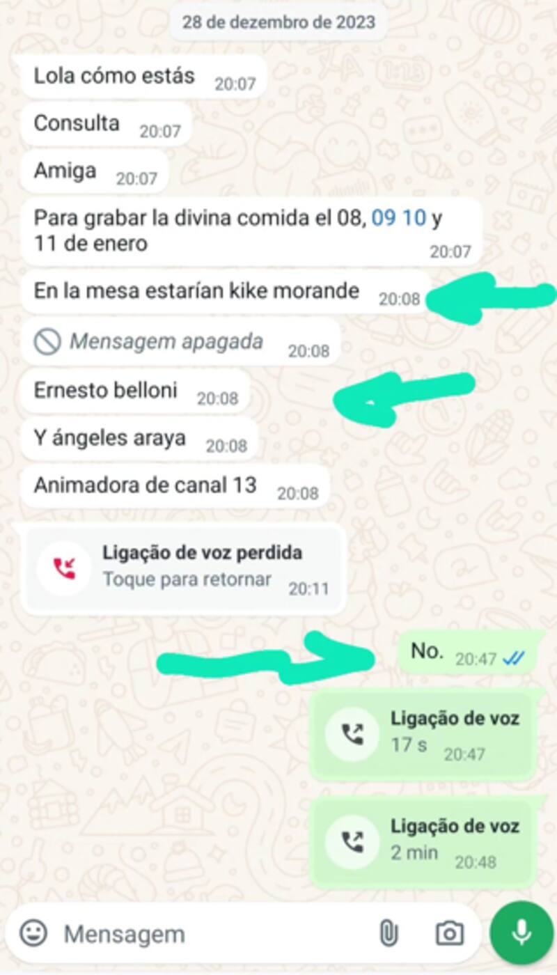 El pantallazo de Whatsapp de Lola Melnyck en el que la invitaban a "La Divina Comida"