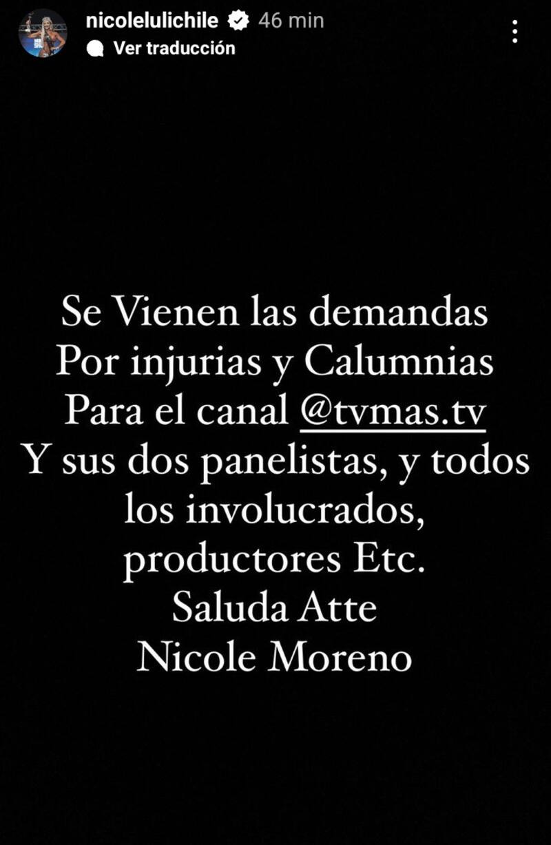 Nicole Moreno demandará a TV+. Créditos: Instagram