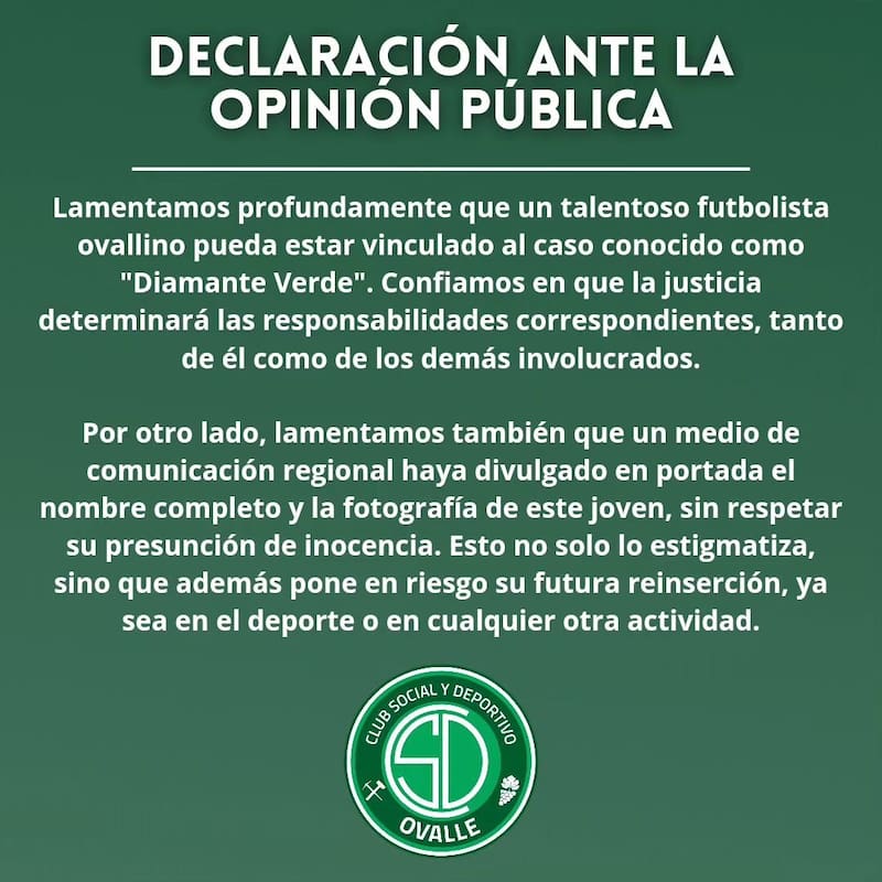 El Club Social y Deportivo Ovalle decidió resguardar la identidad del jugador, como explican en un párrafo de su comunicado.
