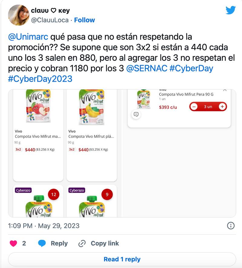 Otra usuaria se queja por ofertas que no son reflejadas en el Cyberday 2023.
