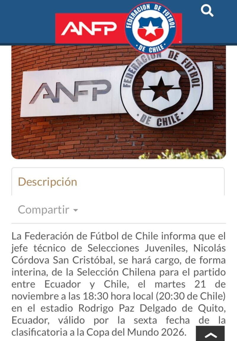 El breve comunicado público de la ANFP para anunciar a Nicolás Córdova.