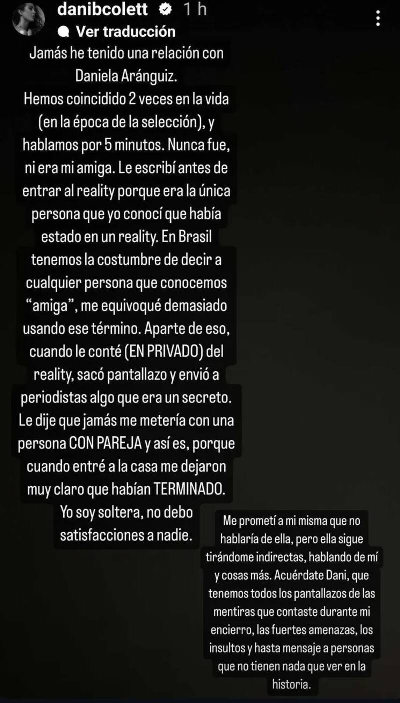 Daniela Colett se lanzó contra Daniela Aránguiz. Créditos: Instagram