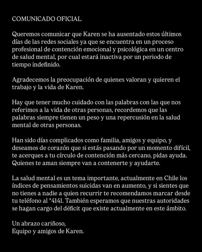 Comunicado publicado en las redes oficiales de la artista.