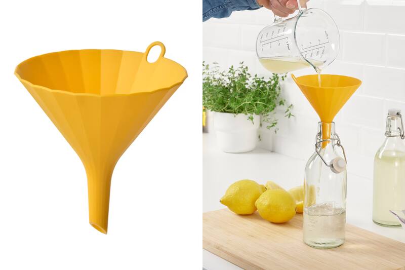 Este es un práctico embudo en color amarillo perfecto para las necesidades de la cocina.