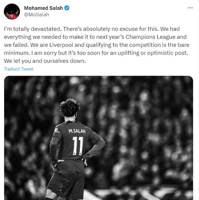 Mohamed Salah lamentó el fracaso del Liverpool. (Twitter)