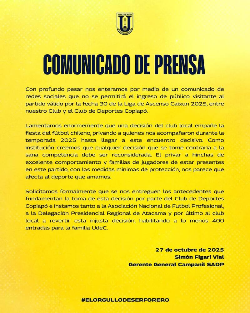 El comunicado que emitió hace instantes. Foto: Instagram U. de Conce