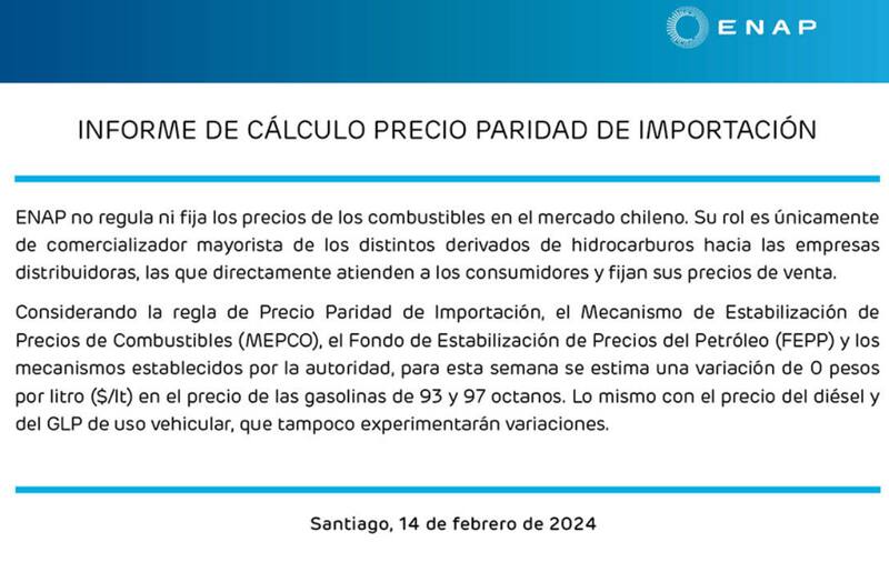 Informe de ENAP para este 14 de febrero.